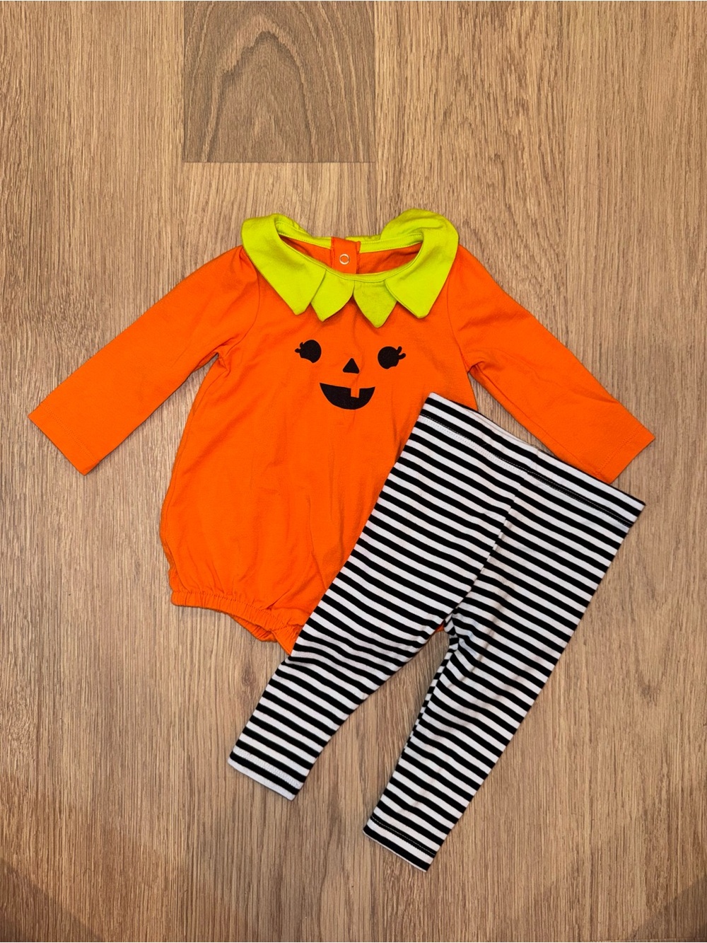 Cat & Jack Orange Pumpkin Baby Set with Black & White Striped Leggings